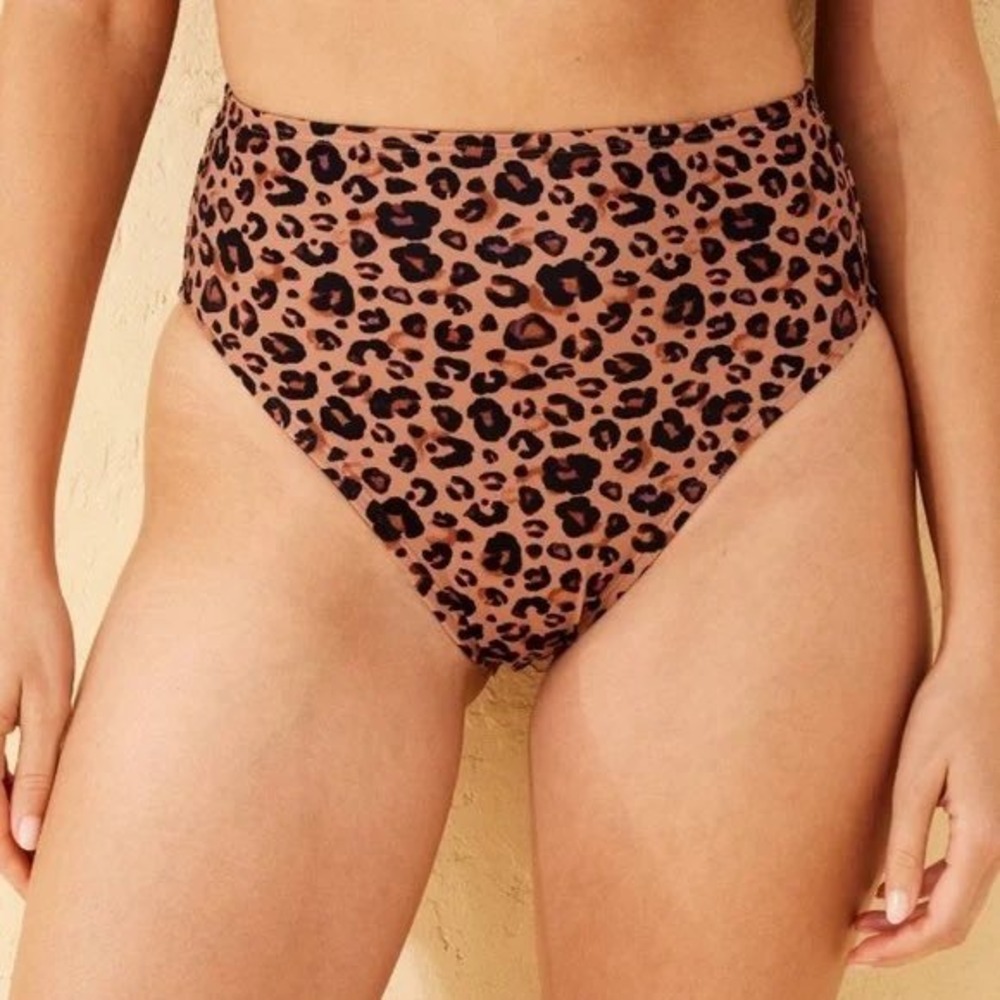 Shade & Shore Womens Leopard Print High Waist High Leg Cheeky Bikini‎ Bottoms M